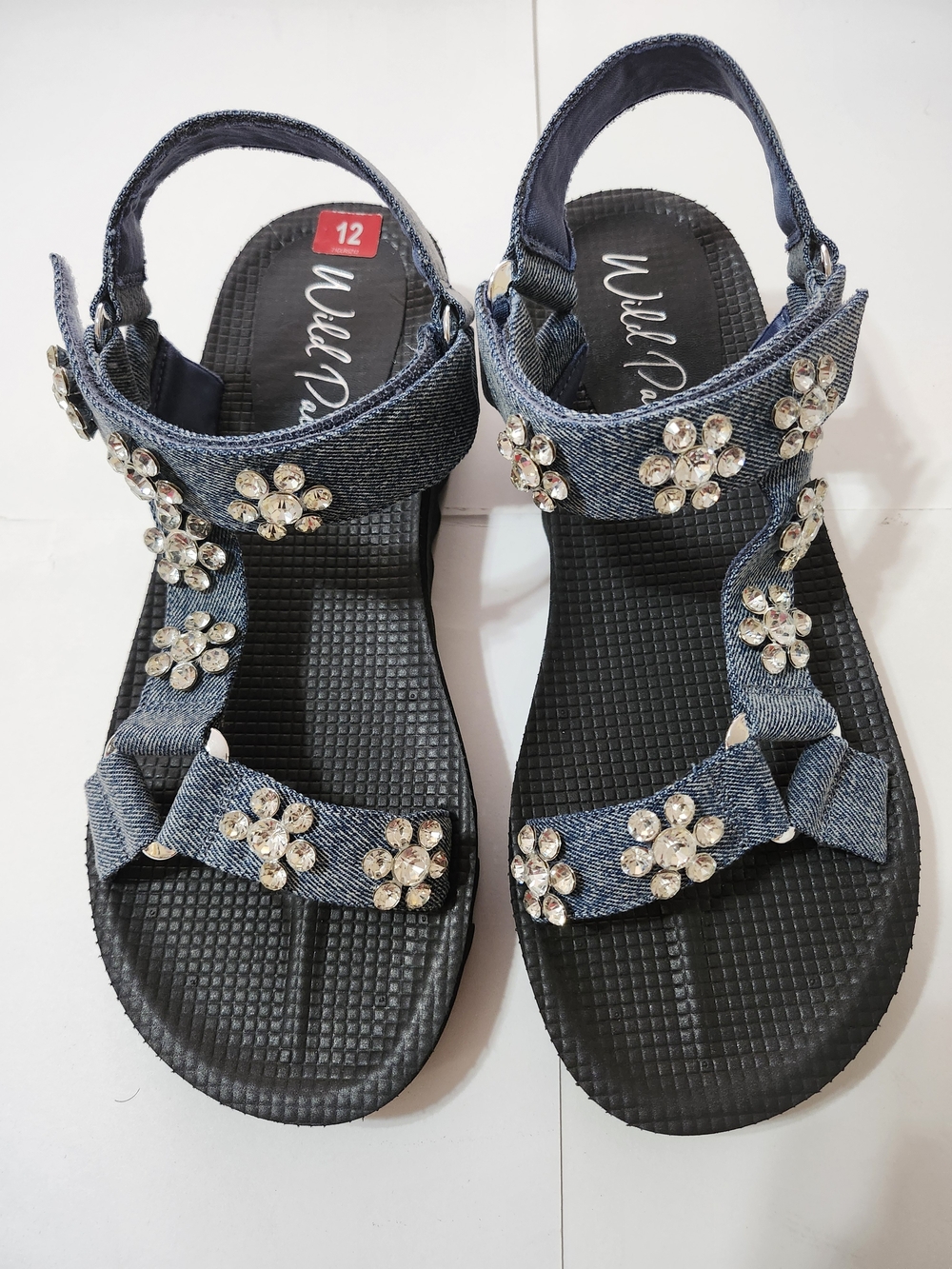 Wild Pair Denim Crystal Flower T-Strap Sandals - Blue